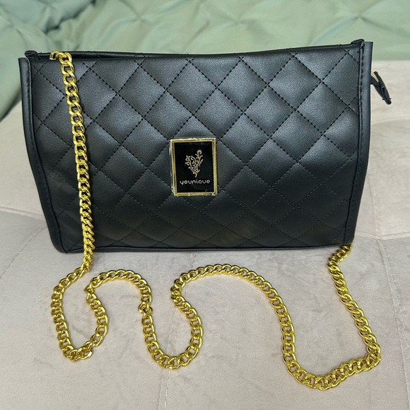 Black Quilted Shoulder Bag with Gold Chain - Picture 2 of 4